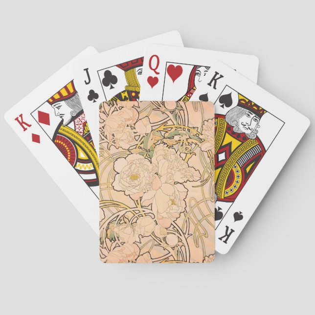 Classic Art Nouveau Peony Garden Pattern by Mucha Playing Cards (Back)