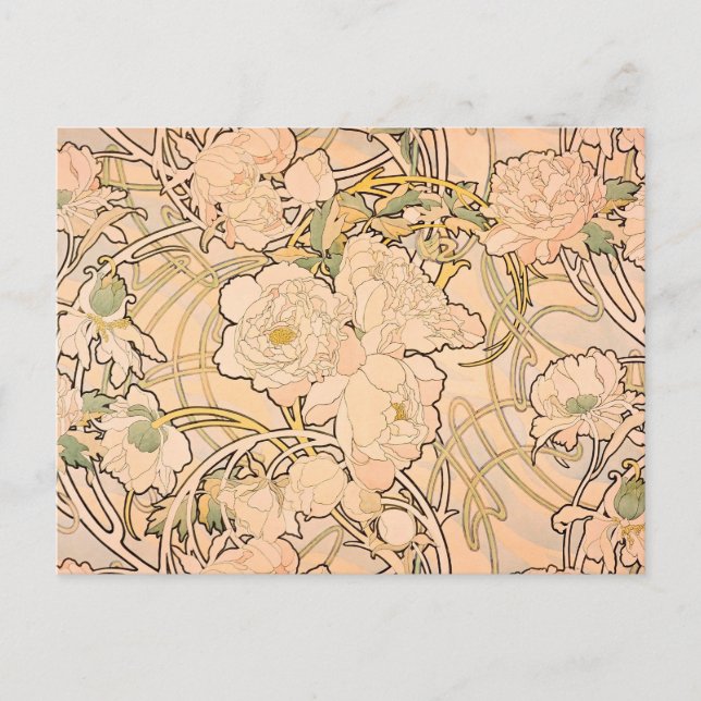 Classic Art Nouveau Peony Garden Pattern by Mucha Postcard (Front)