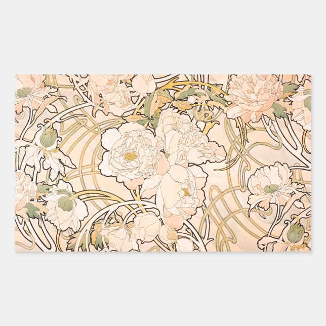 Classic Art Nouveau Peony Garden Pattern by Mucha Rectangular Sticker (Front)