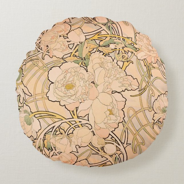 Classic Art Nouveau Peony Garden Pattern by Mucha Round Cushion (Front)