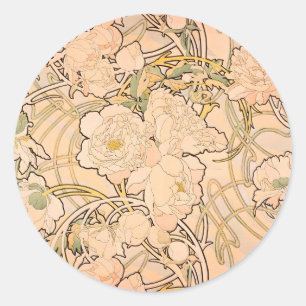 Classic Art Nouveau Peony Garden Pattern by Mucha Round Sticker