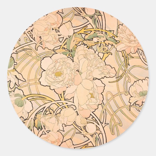 Classic Art Nouveau Peony Garden Pattern by Mucha Round Sticker (Front)