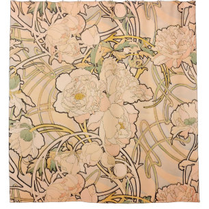 Classic Art Nouveau Peony Garden Pattern by Mucha Shower Curtain