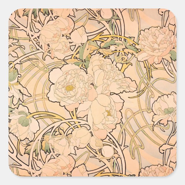 Classic Art Nouveau Peony Garden Pattern by Mucha Square Sticker (Front)