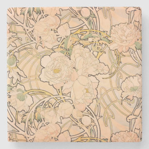 Classic Art Nouveau Peony Garden Pattern by Mucha Stone Coaster
