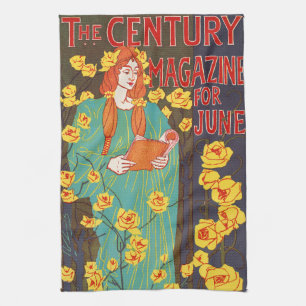 Classic Art Nouveau Teal Woman Yellow Flowers Tea Towel