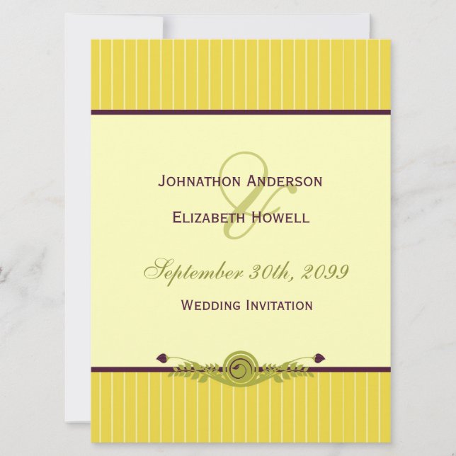 Classic Art Nouveau Yellow and Dark Purple Wedding Invitation (Front)