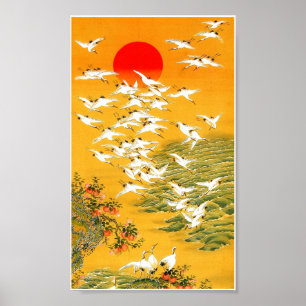 Classic Asian Style Flying Cranes Painting Poster