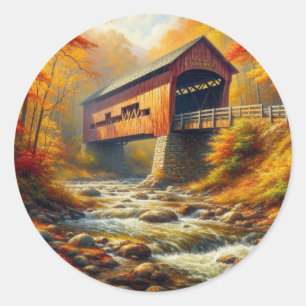 classic, autumn covered bridge classic round sticker