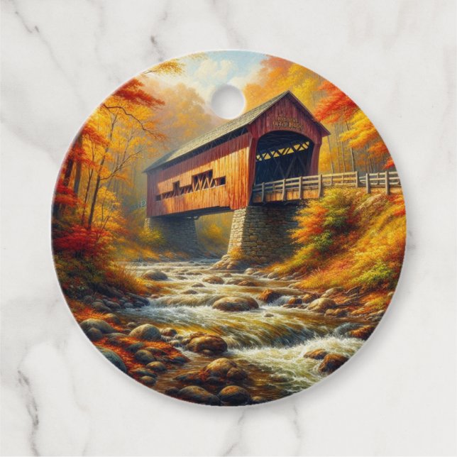 classic, autumn covered bridge favour tags (Front)