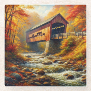 classic, autumn covered bridge glass coaster