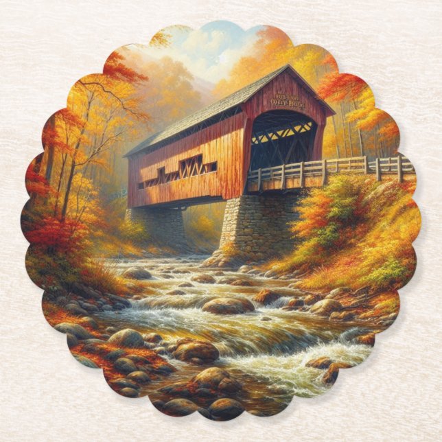 classic, autumn covered bridge paper coaster (Front)