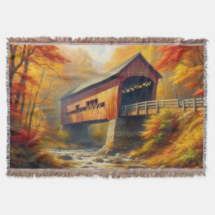 classic, autumn covered bridge throw blanket