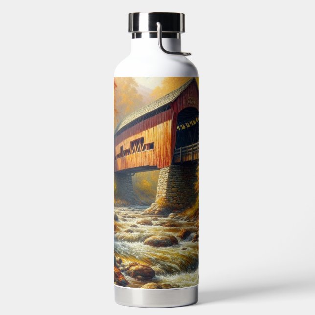 classic, autumn covered bridge water bottle (Left)
