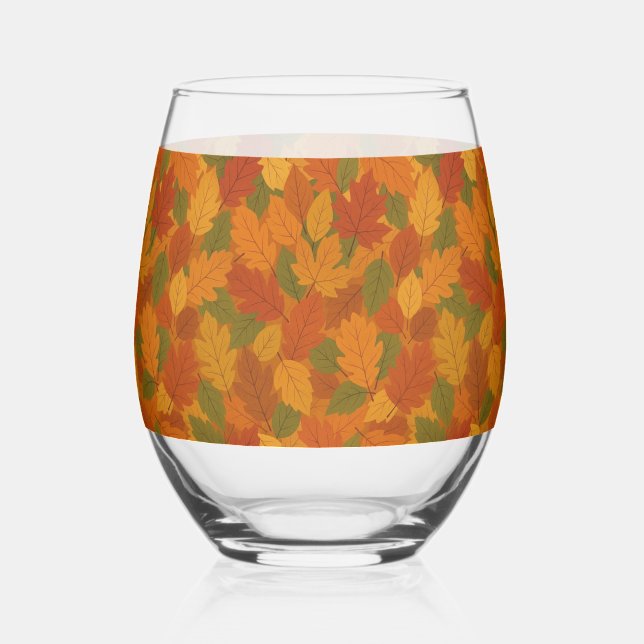 Classic Autumn/fall leaves patterned  Stemless Wine Glass (Front)