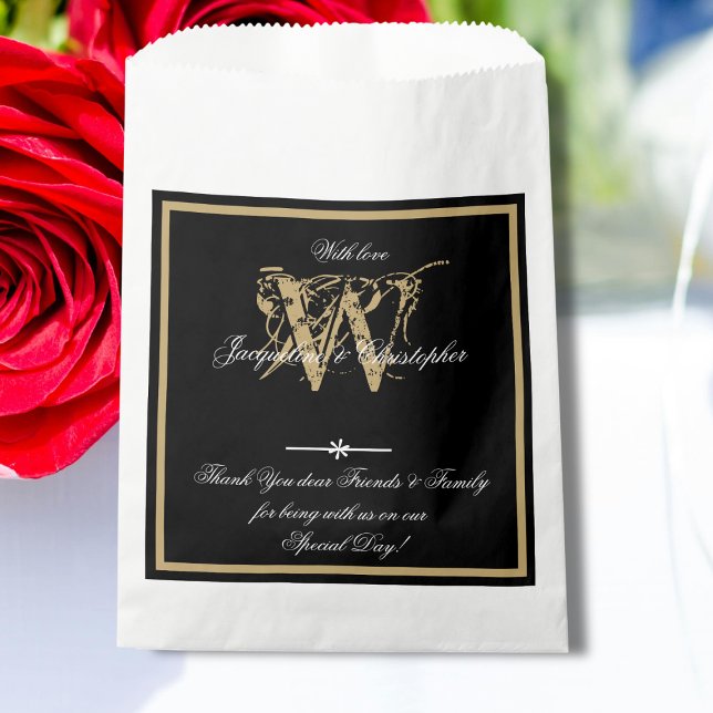 Classic B & W & Gold Monogram + Names Modern Chic Favour Bag (Classic Black, White & Gold Monogram plus Bride and Groom Names - Modern Chic Favor Bag)