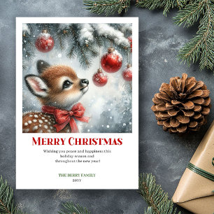 Classic Baby Deer Snowy Forest Watercolor Christma Holiday Card