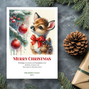 Classic Baby Fawn Winter Scene Watercolor Christma Holiday Card