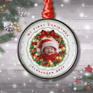 Classic Baby First Christmas Wreath Photo Ornament