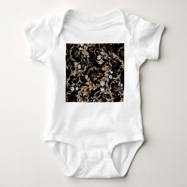 Classic baroque flowers: black background. baby bodysuit (Front)