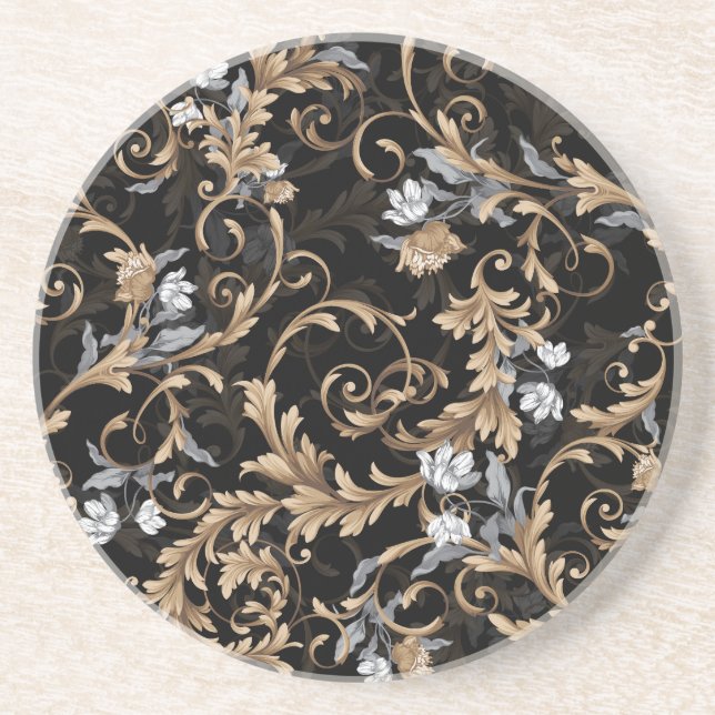 Classic baroque flowers: black background. coaster (Front)