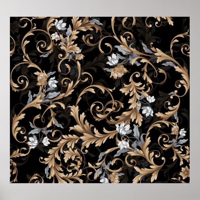 Classic baroque flowers: black background. poster (Front)