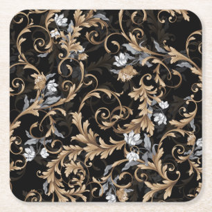 Classic baroque flowers: black background. square paper coaster