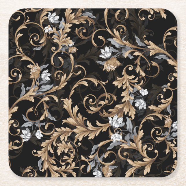 Classic baroque flowers: black background. square paper coaster (Front)
