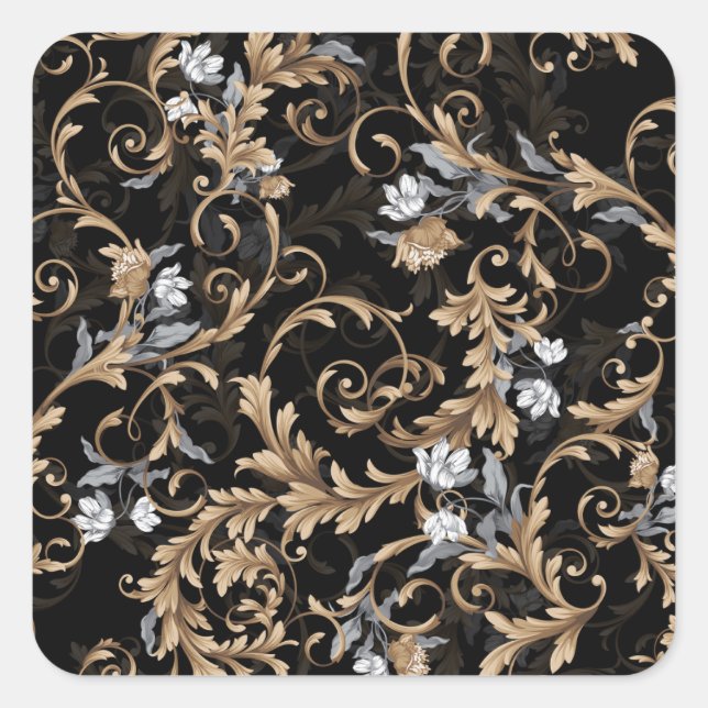 Classic baroque flowers: black background. square sticker (Front)