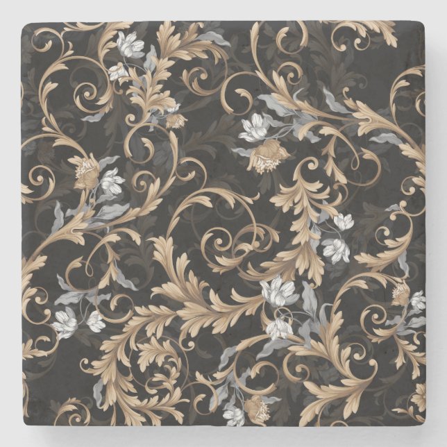 Classic baroque flowers: black background. stone coaster (Front)