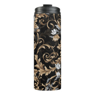 Classic baroque flowers: black background. thermal tumbler