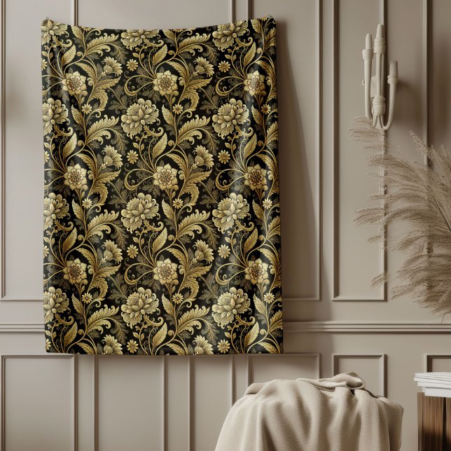 Classic Baroque Style Gold Damask Bed Throw Fleece Blanket (Classic Baroque Style Gold Damask Bed Throw Fleece Blanket)
