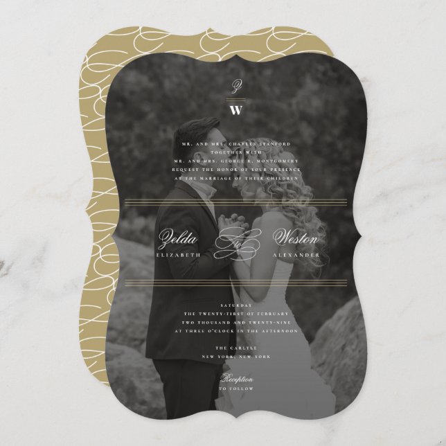 Classic Bars Double Monogram Modern Photo Wedding Invitation (Front/Back)