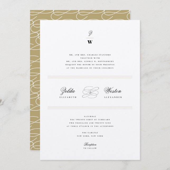 Classic Bars Lines Double Monogram Modern Wedding Invitation (Front/Back)