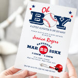 Classic Baseball Oh Boy Baby Shower Invitation<br><div class="desc">A modern baby shower invitation with a baseball theme,  featuring a classic white background,  navy blue and red text,  a baseball,  stars,  a helmet with bat and ball and a sporty baby shower template that is easy to customize.</div>