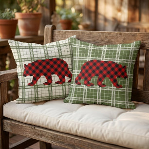 Classic Bear Red Black Buffalo Lumberjack Check Cushion