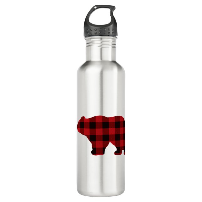 Classic bear silhouette red black plaid [pattern  710 ml water bottle (Front)