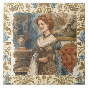Classic, Beautiful Lady with Floral Elegance Ceramic Tile
