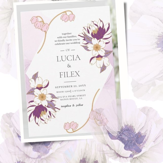 Classic Beautiful Pruple Lotus & Colour Ink Weddin Invitation (Creator Uploaded)