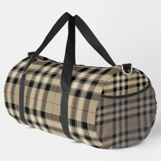 Classic Beige And Black Plaid Athletic Gym Travel  Duffle Bag (Right Corner)