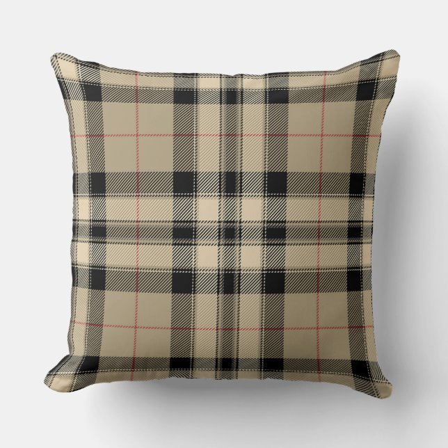 Classic Beige And Black Plaid Throw Pillow (Front)