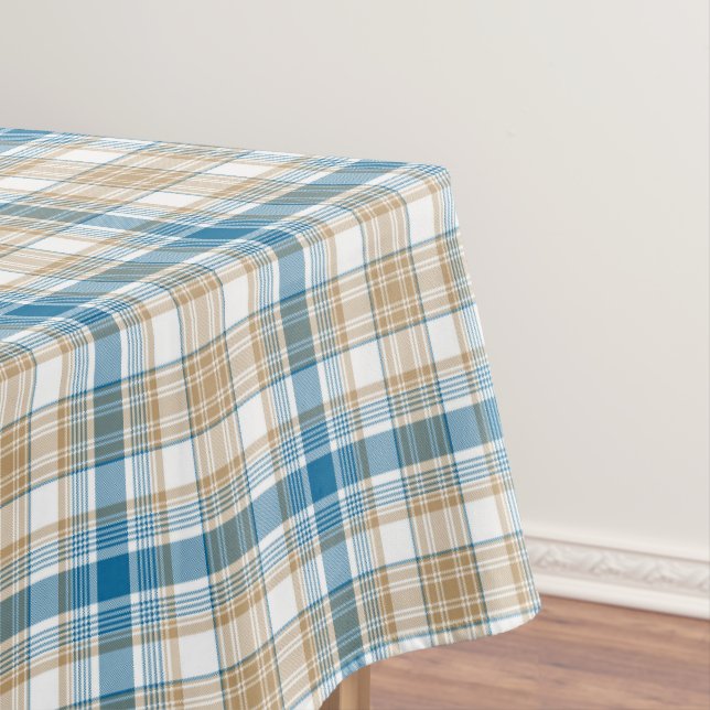 Classic Beige and Blue Plaid Tablecloth (In Situ)