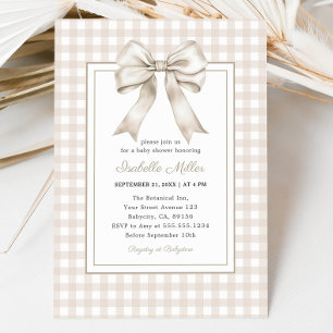 Classic Beige Bow Gingham Neutral Baby Shower Invitation