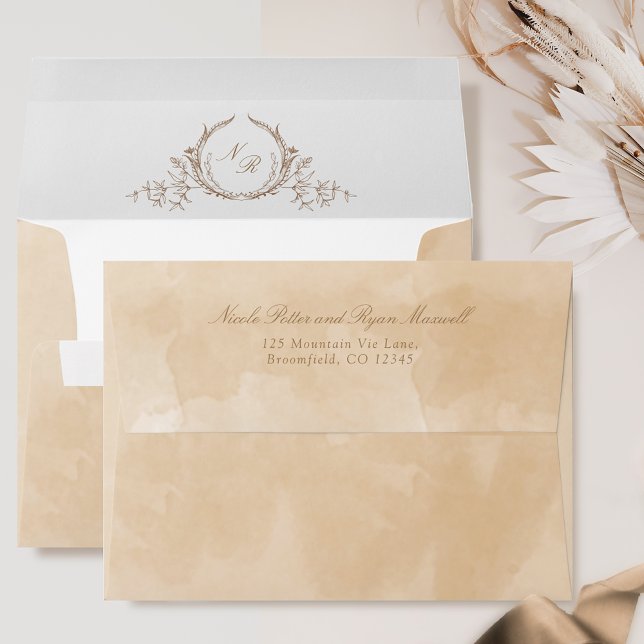 Classic Beige Cream Watercolor Monogram Wedding Envelope (Creator Uploaded)