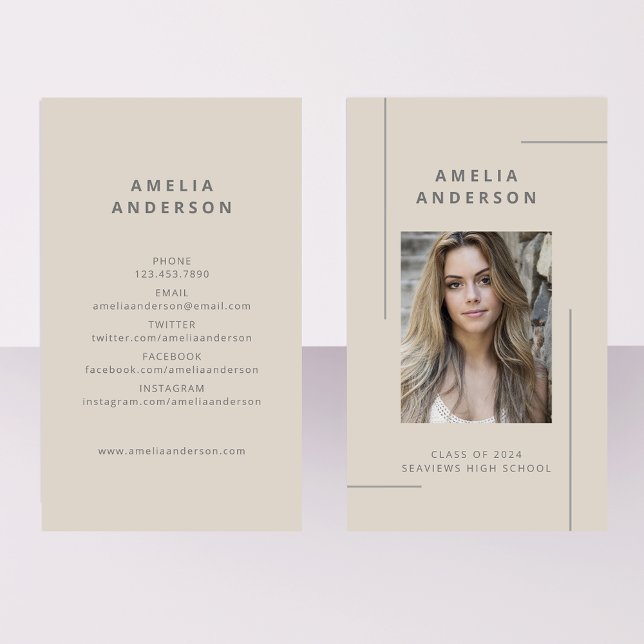 Classic Beige Grey Typography Photo Graduation Business Card (Creator Uploaded)