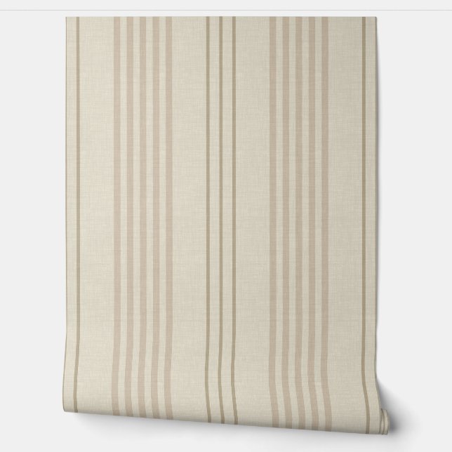 Classic Beige Neutral Ticking Stripe Pattern Wallpaper (Unrolling)