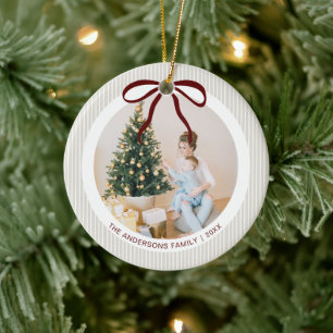 Classic Beige Stripes Red Bow Christmas Ceramic Ornament