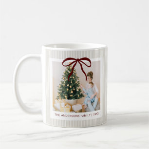 Classic Beige Stripes Red Bow Christmas Coffee Mug