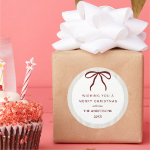 Classic Beige  Stripes Red Bow Merry Christmas Round Sticker