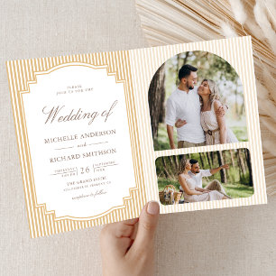 Classic Beige Tan Striped Photo QR Code Wedding Invitation